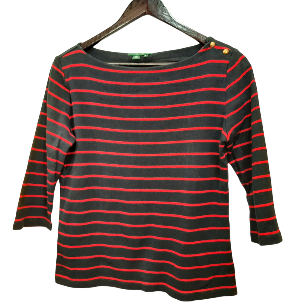 Lauren Ralph Lauren Cotton Blue Red Womens Top Size M
